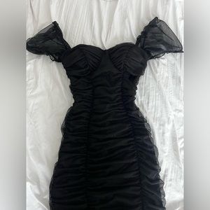 Black Ruffle Puffed Sleeve Mini Dress